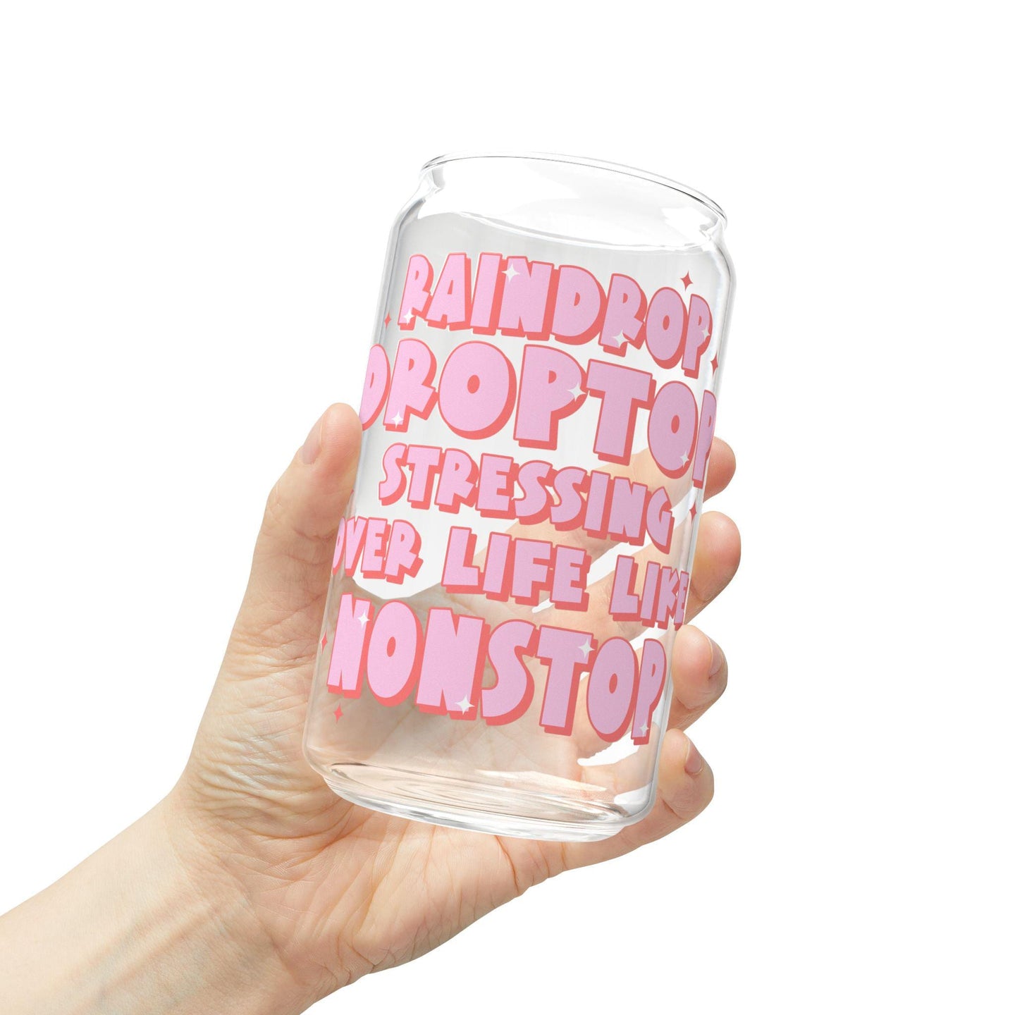 Preppy funny glass cup with bamboo lid glass straw, Cute Cup Beer Can Iced Coffee Glass Cup Cute stress Glass Cup gift for her